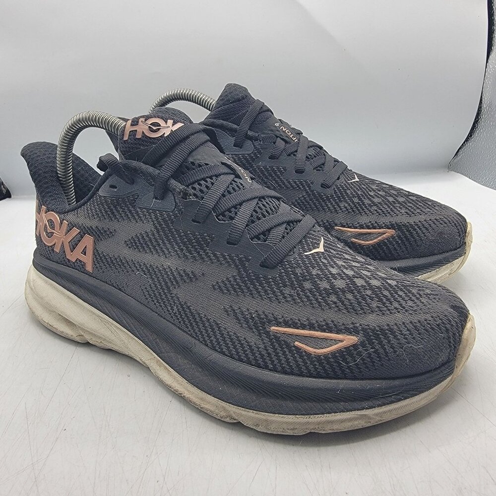 Hoka One One Clifton 9 Womens 7D Wide Running Shoes Black Rose Gold 1132211 BRGL
